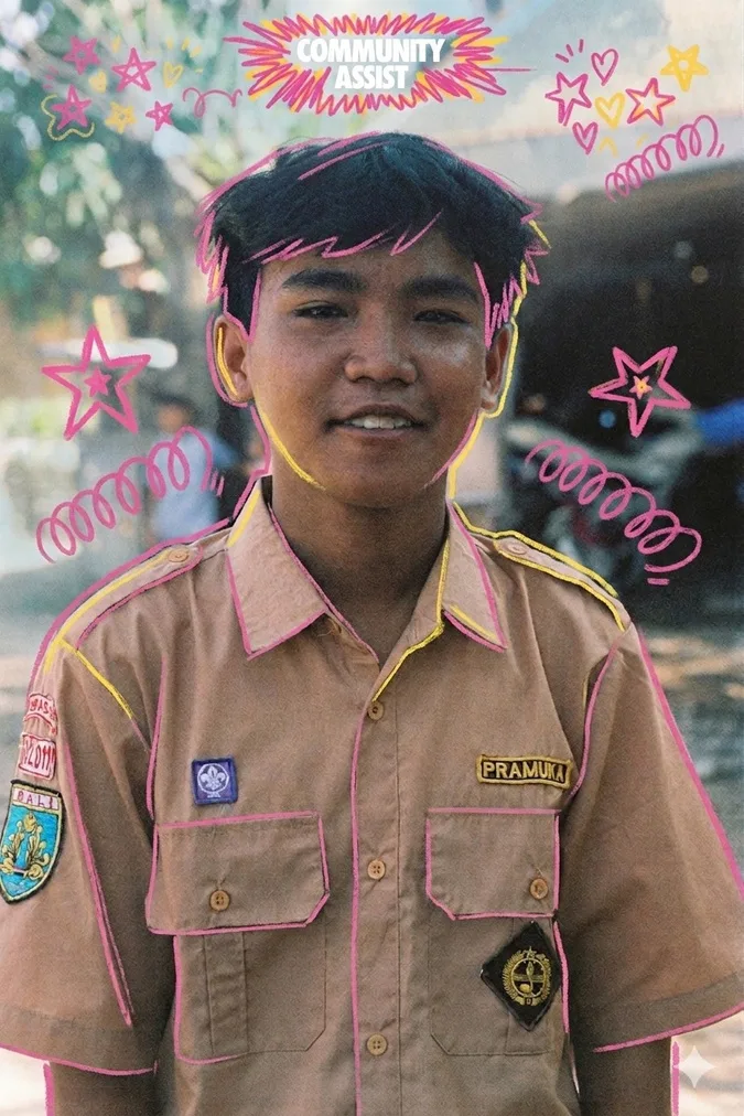 Wahyu, a middle-school student in his school uniform